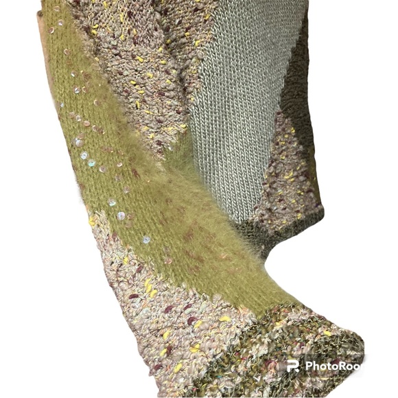 Knitting Needles multimedia sweater. Sequined & color blocked design. Sz L Green - Picture 4 of 7